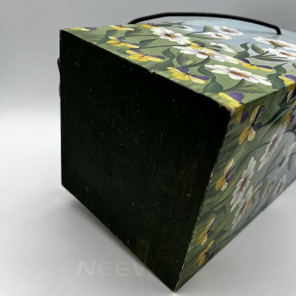 Vtg 90s Wood Flower Bucket Planter Daisy Pansies 11" Hand Painted Blue Green - Picture 5 of 7